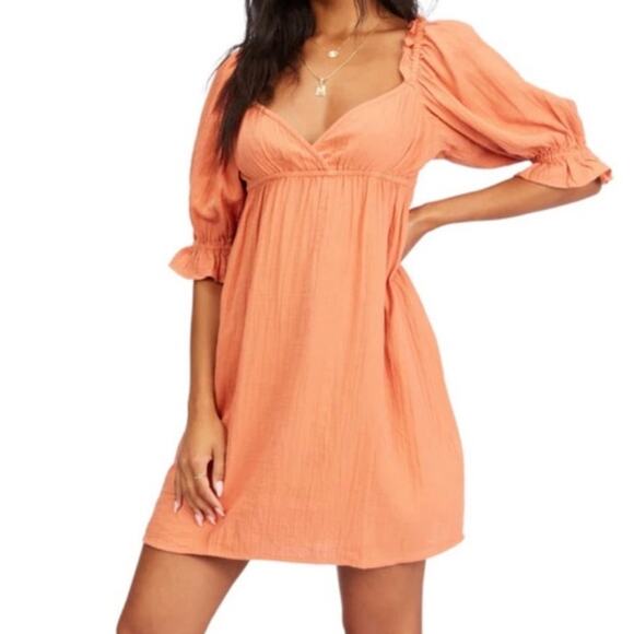 Billabong Perfect Paradise Coral/Terracotta Babydoll Puff Sleeve Dress Size L - Picture 1 of 12